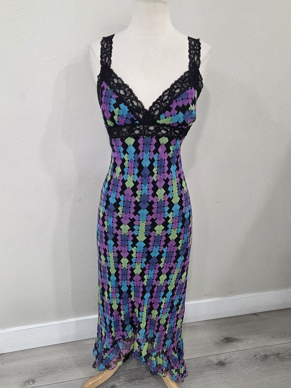 Betsey Johnson Black Lace Slip Dress with Purple, Blue & Green Geo Print